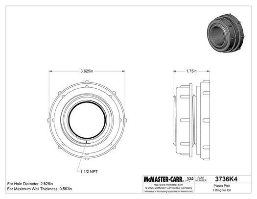 Technical drawing of Plastic Pipe Fitting for Oil, Through-Wall Straight Connector, 1-1/2 NPT.